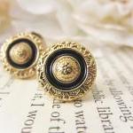 Vintage Gold And Black Floral Earrings, Enamel..