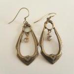 Brass Art Nouveau Dangle Hoop Rhinestone Earrings,..