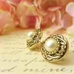 Antique Gold Pearl Earrings, Vintage Button..