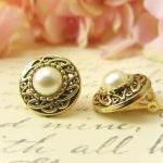 Antique Gold Pearl Earrings, Vintage Button..