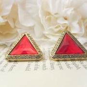 Vintage Tribal Gold and Red Earrings, Vintage Button Earrings, Vintage gold triangle earrings, Studs, Clip on, gold,red, tribal earrings, Vintage earrings