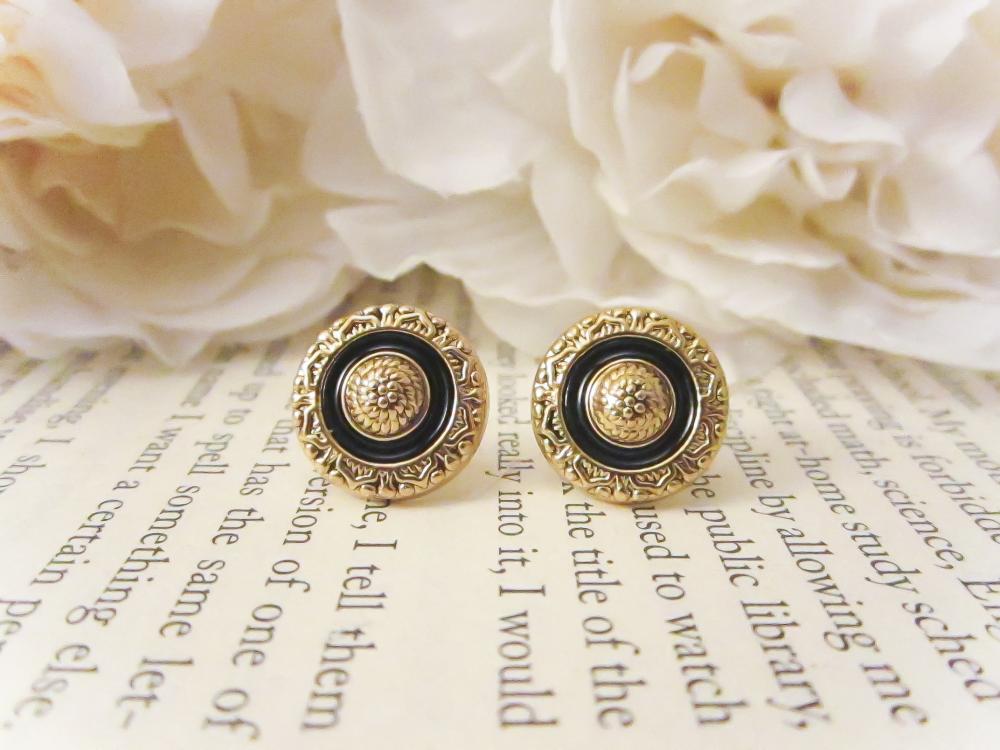 Vintage Gold And Black Floral Earrings, Enamel Stud Earrings, Vintage Button Earrings, Fall Fashion, Post Earrings, Bridesmaid Earrings