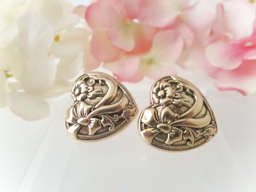 Heart And Bow Vintage Button Earrings,studs Or Clip On, Gold Heart Studs, Fancy Heart Clip On, Bridesmaid Earrings, Bridal Party