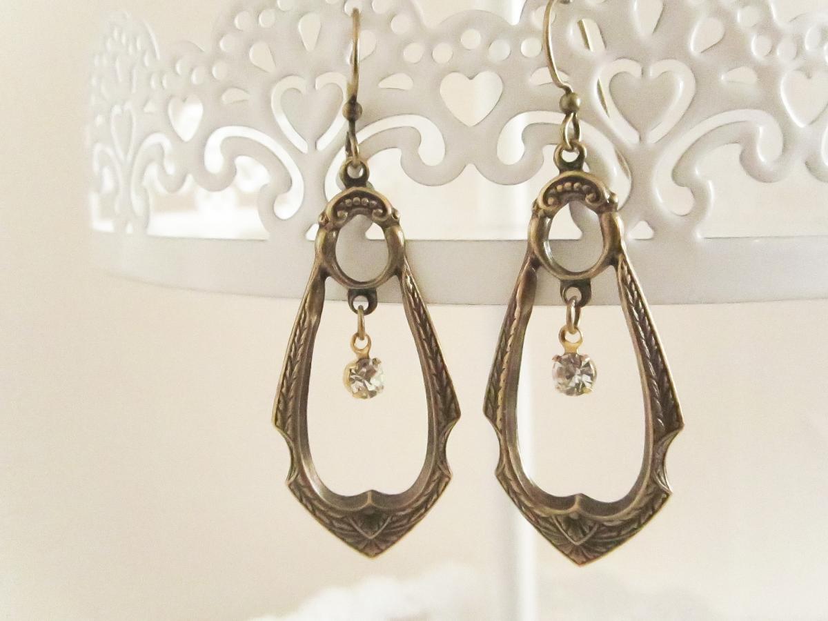 Brass Art Nouveau Dangle Hoop Rhinestone Earrings, Antique Brass Boho Earrings, Chandelier Filigree, Vintage Swarovski Rhinestone, Antique